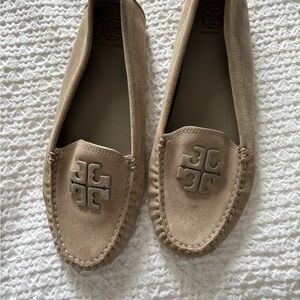 Tory Burch Taupe Suede Driving Loafers with Logo